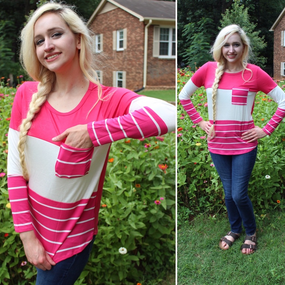 NWT Boutique Pink Stripe Pocket Top S M L - Picture 3 of 7